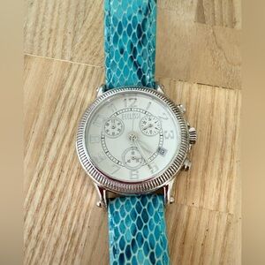 Ecclissi ladies Sterling silver blue leather Chronograph dress watch NEW BATTERY